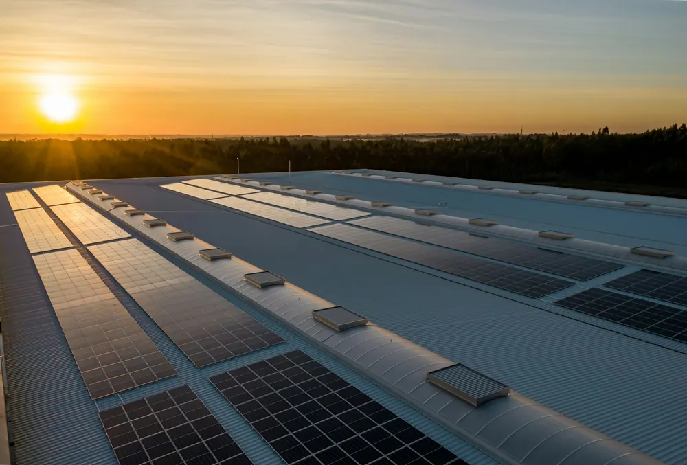 Großes Dach mit Solarmodulen im Abendlicht