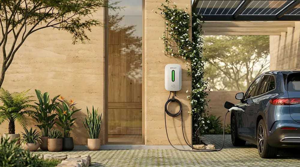 Wallbox an einer Hauswand, daneben parkt ein Auto unter dem Carport